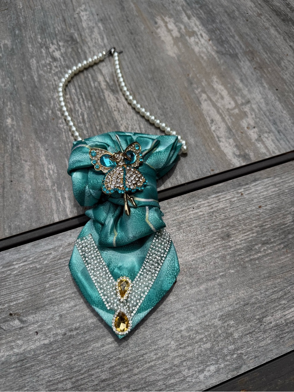 Teal Butterfly Pendant Tie Necklace with Crystal Accents